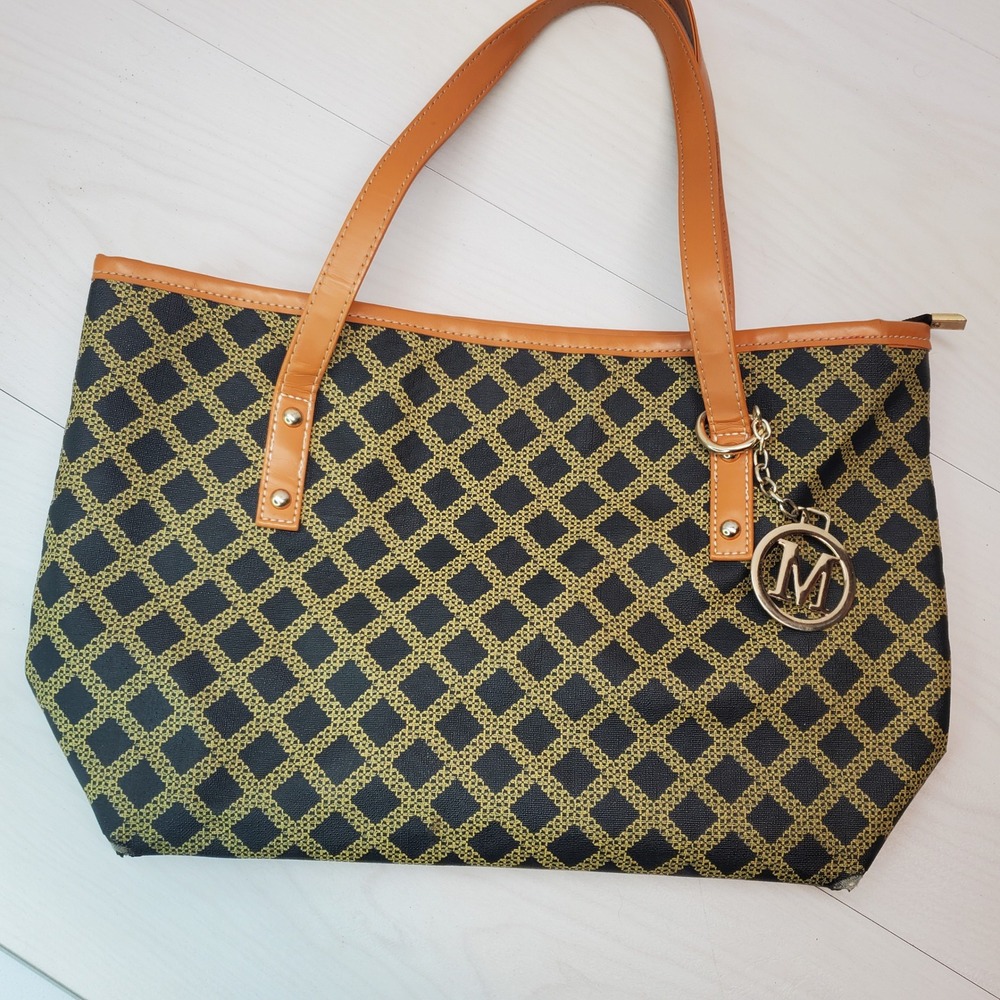 Micom Designer Tote Bag Geometric Pattern Tan Leather Accents Cat Charm